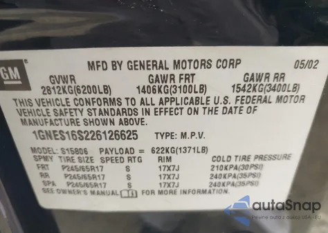 2002 Chevrolet Trailblazer Ext Lt из США, поврежденный, VIN 1GNES16S226126625